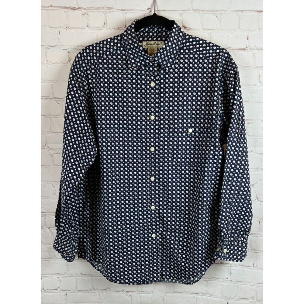 EDDIE BAUER blue floral polka dot cotton OVERSIZED button down shirt top size S